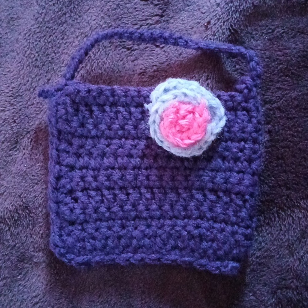 Hand Made Blue Crochet Soap Handbag with Pink And Light Blue Rose Accents